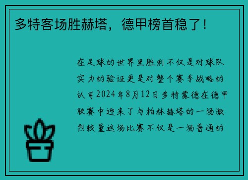 多特客场胜赫塔，德甲榜首稳了！