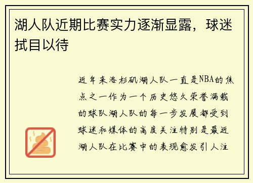 湖人队近期比赛实力逐渐显露，球迷拭目以待