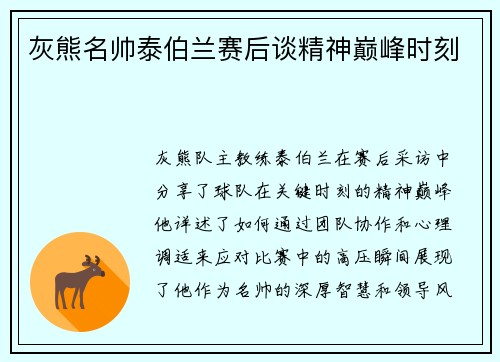 灰熊名帅泰伯兰赛后谈精神巅峰时刻